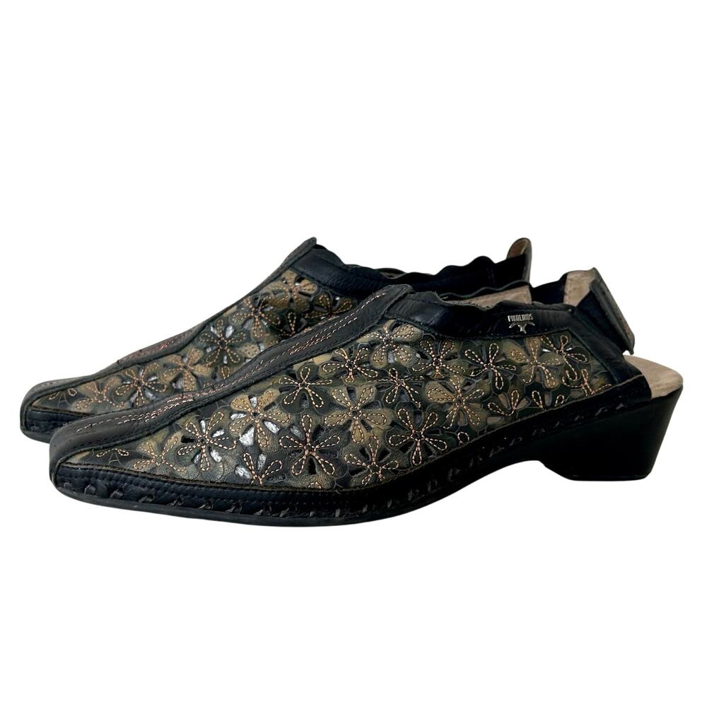 PIKOLINOS Black and Gold Floral Mules